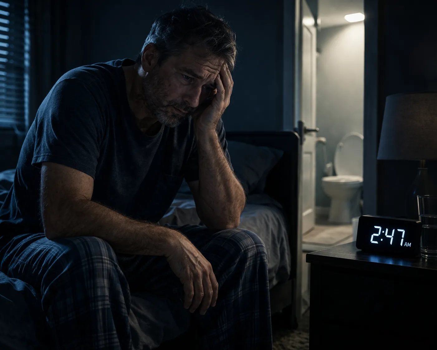 Exhausted man awake in bed at night
