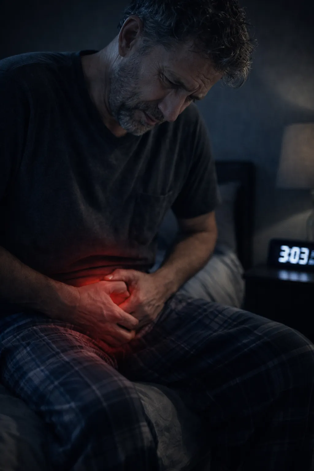 Man holding lower abdomen in discomfort at night