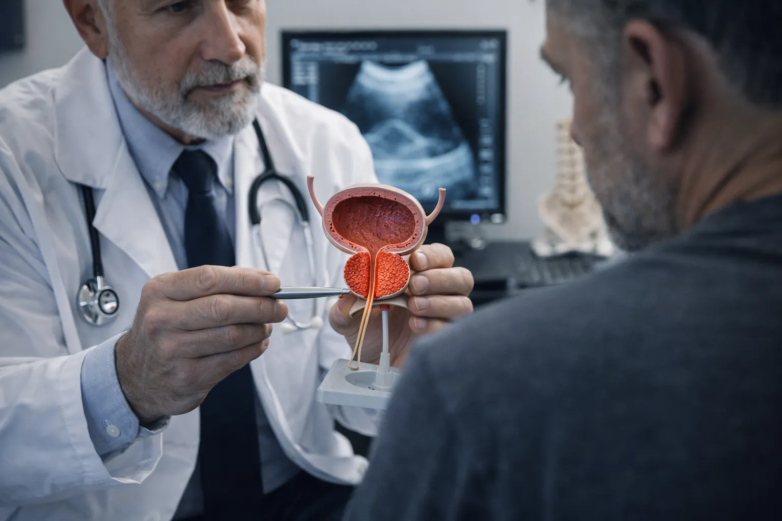 Doctor explaining urinary system model