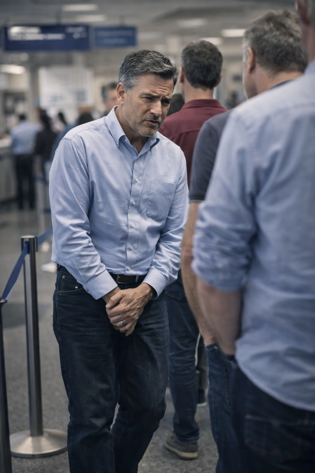 Man uncomfortable in line needing a bathroom urgently
