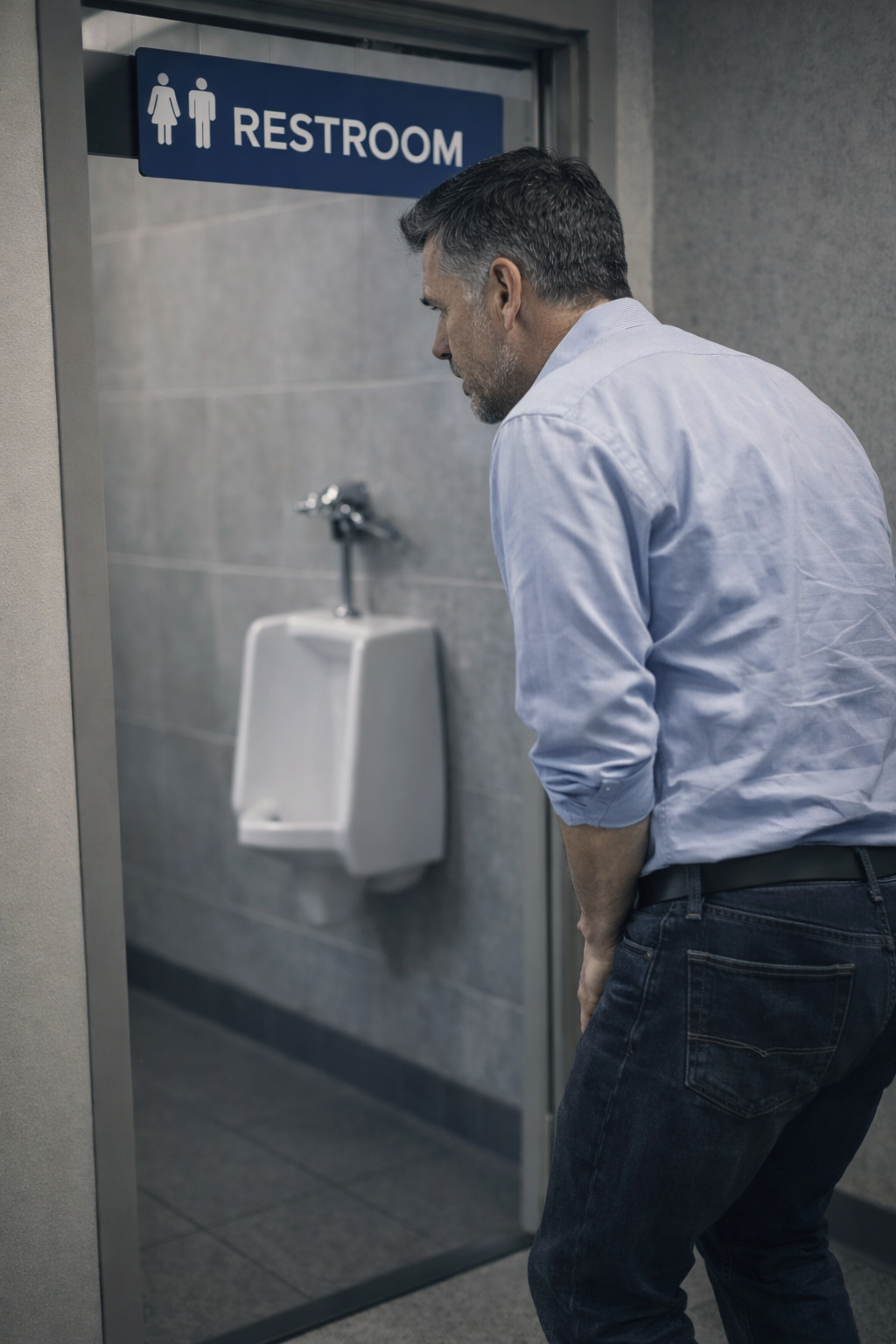 Stressed man at work dealing with urinary urgency