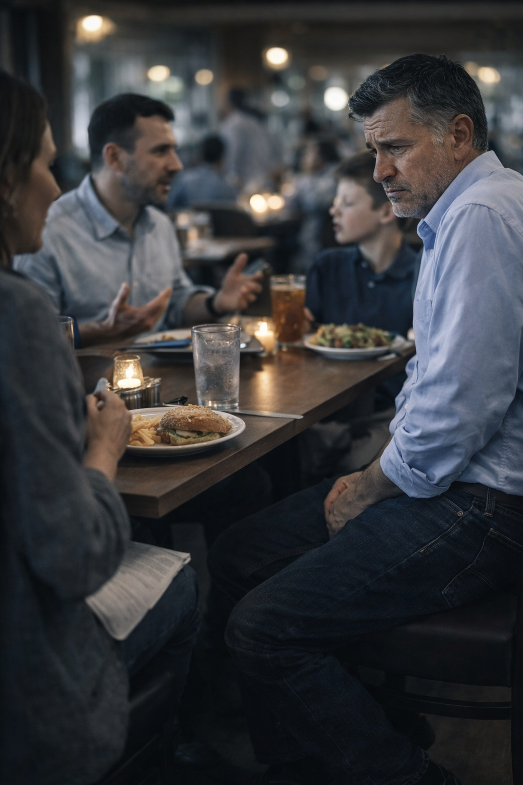 Man uncomfortable at dinner because of bathroom urgency