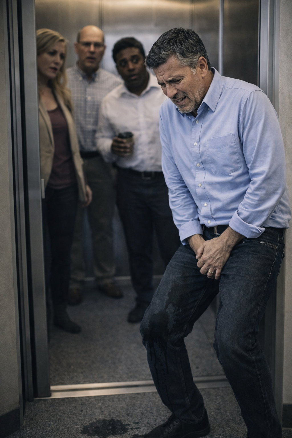 Man embarrassed by urinary accident in elevator